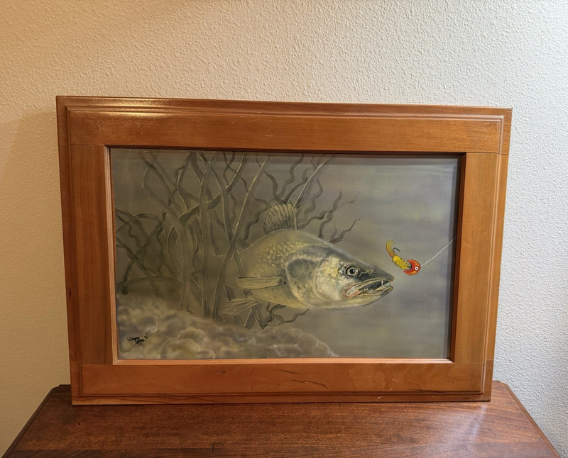 Wayne Lama Signed Fish & Lure Oil Painting on Canvas, Framed, 1991, Realism