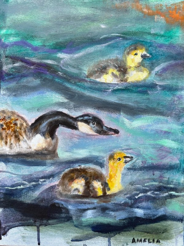 Original Painting OOAK Art «The Pond» Geese Ducklings Wall Decor Gallery Wrapped