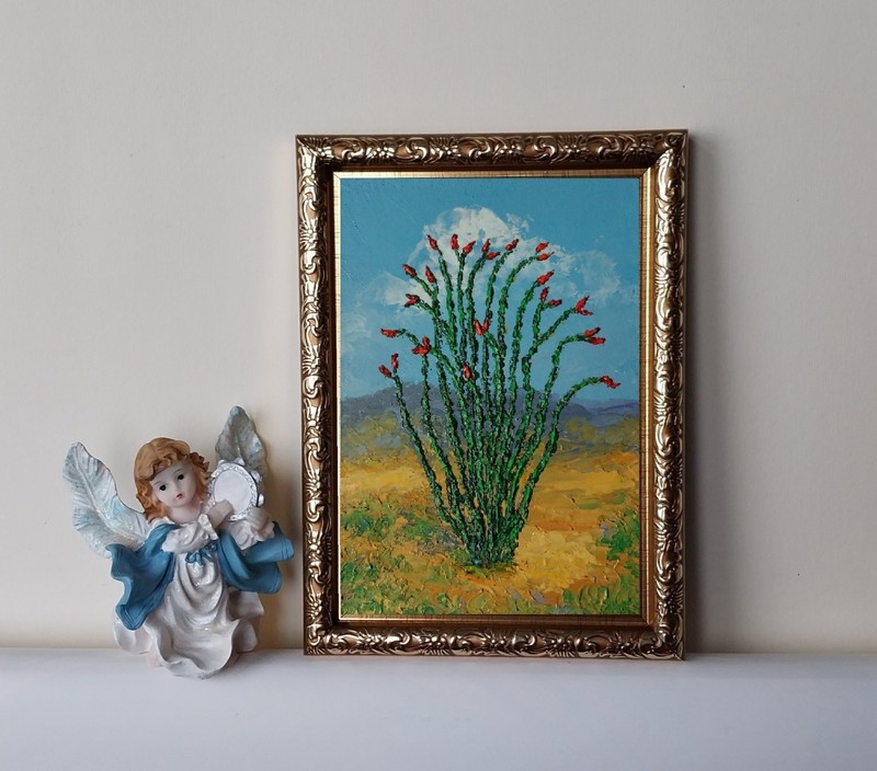 Framed Ocotillo Desert Anza-Borrego Landscape 4x6” Impasto Oil Painting Original gallery