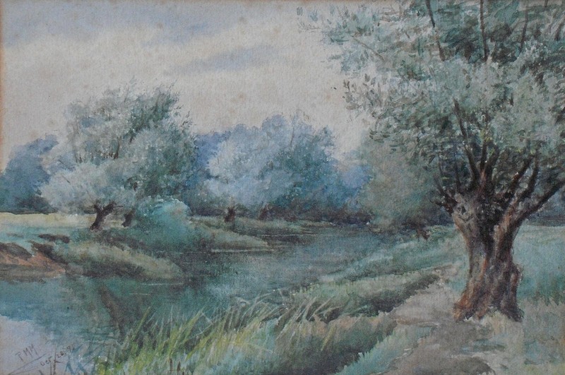 MEANDERING RIVER THROUGH FORESTRY ANTIQUE WATERCOLOUR INITIALLED PMM 1895