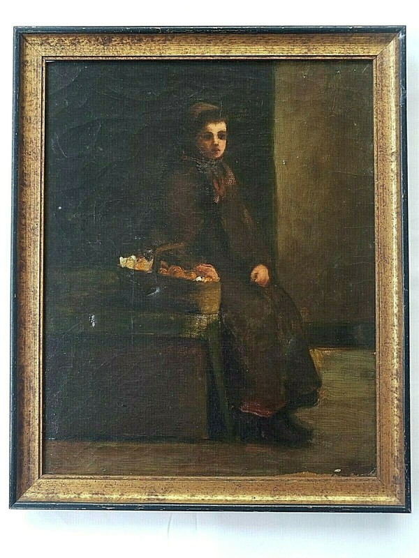 19th c. Boston School O/C Attrib. to Eastman Johnson (1824-1905) Girl w/ Basket