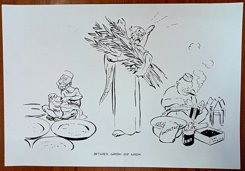 GANDHI IN CARTOONS hand painted framable poster BETWEEN GANDHI & WINDHI 12″x16″