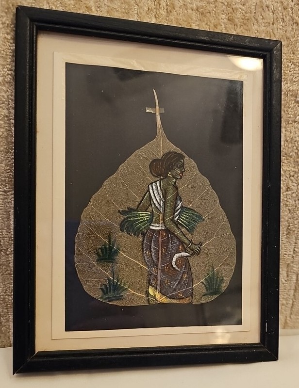 PIPAL TREE LEAF ORIGINAL HANDPAINTED IN OIL GIRL CUTTING GRASS FRAMED gallery