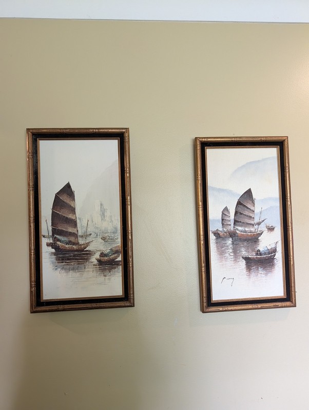Orig Vintage Oil By P. Wong Artistic Interiors Set Of 2 Hong Kong Junk Boat