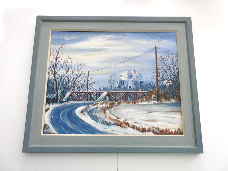 DJ Jacobson Rural Winter Landscape Oil Painting Framed Signed Blue White Signed