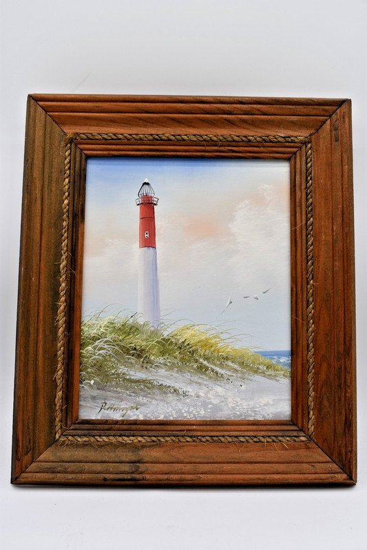Vtg Artwork Painting Lighthouse Wood Frame Signed Ocean Seagulls Sand Sea Ships