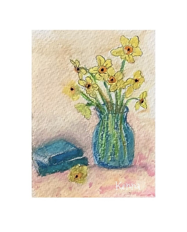 Aceo By Kenna Painting Gouache HP Painting Vase Of Daffodils 2.5” X 3.5 Signed