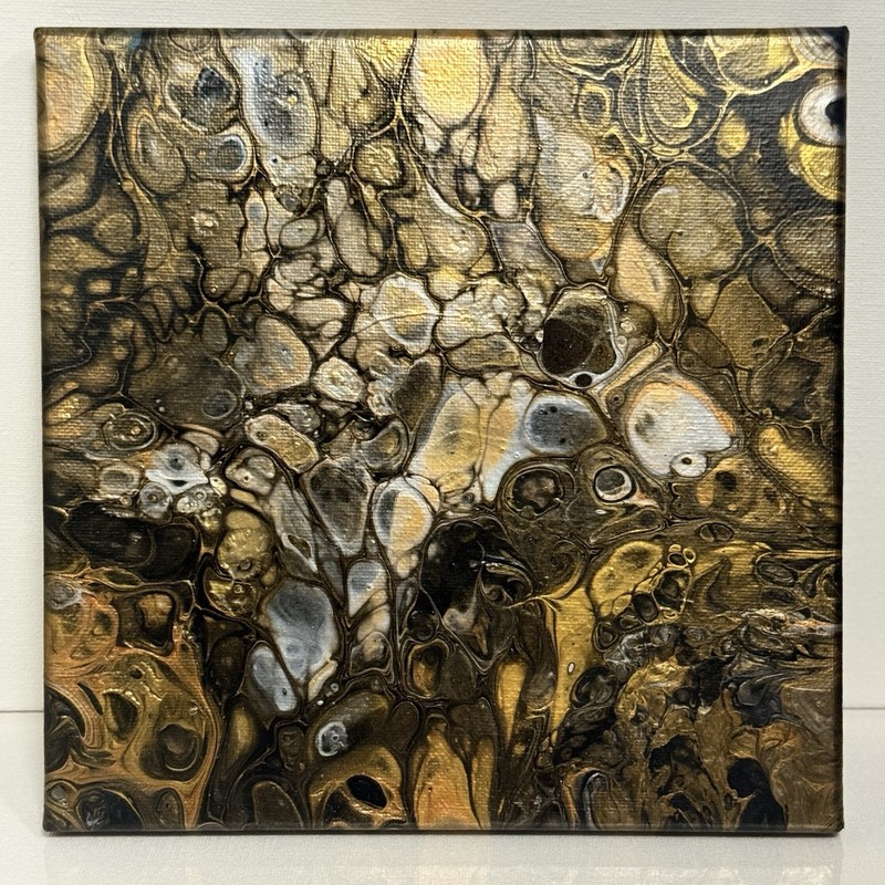 acrylic Fluid Art Canvas Original 8”x8”gold, Silver, Copper & Black wall Decor