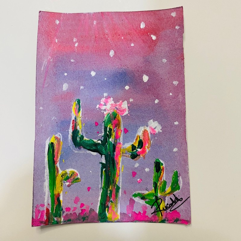 ACEO Desert Cactus Art Hand-Painted Miniature Pink Sky & Flowers Art Card New gallery