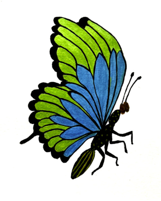 PAINTING WATERCOLOR 8X10 AND WHITE MAT 16X20 BUTTERFLY BLUE GREEN ORIGINAL ART
