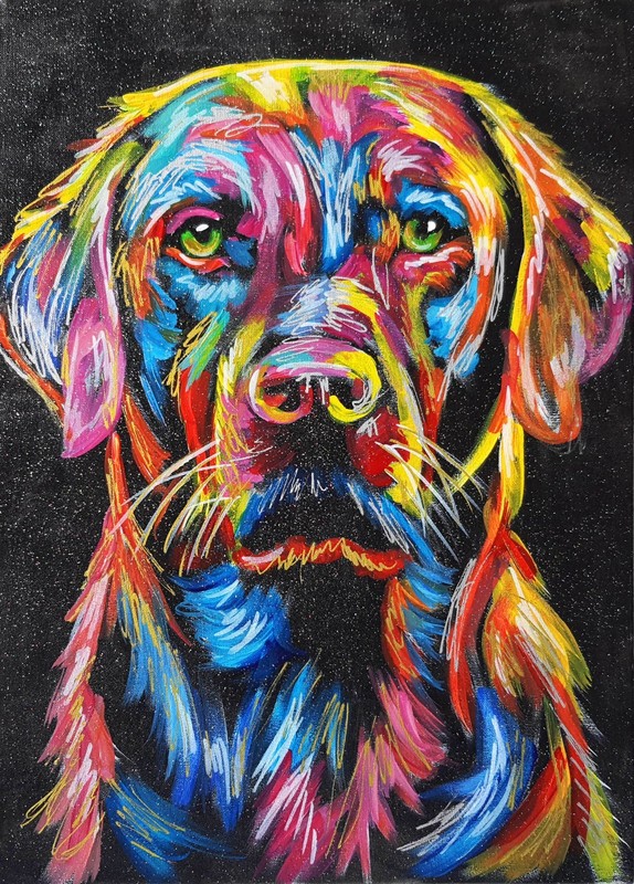 Original Acrylic Dog Portrait Painting Colorful Rainbow Labrador OOAK Art 10×14