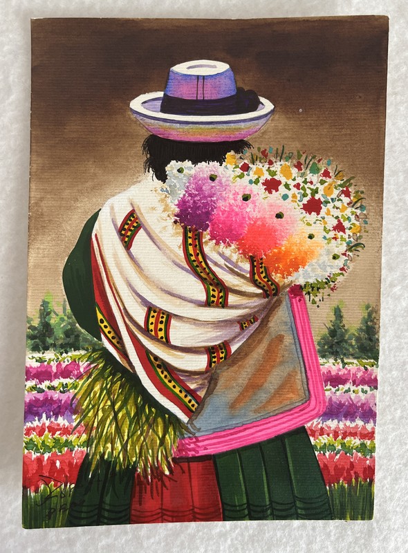 Watercolor Original Peruvian Artist Rafael Grovas Native Woman Flowers