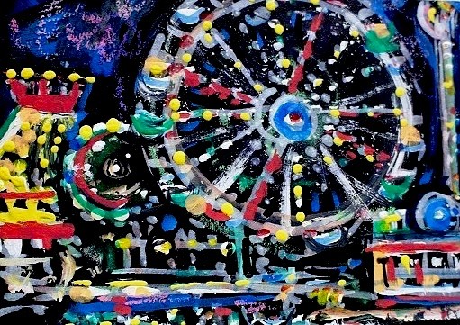ORIGINAL ACEO Painting CARNIVAL Fair Amusement Park Fireworks Rides Fun ATC ART